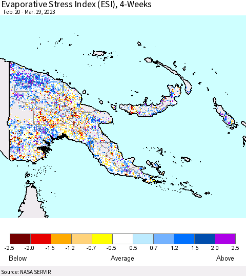 Papua New Guinea Evaporative Stress Index (ESI), 4-Weeks Thematic Map For 3/13/2023 - 3/19/2023