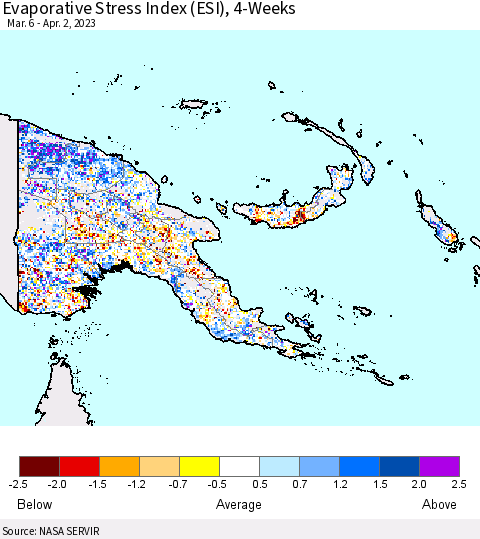 Papua New Guinea Evaporative Stress Index (ESI), 4-Weeks Thematic Map For 3/27/2023 - 4/2/2023