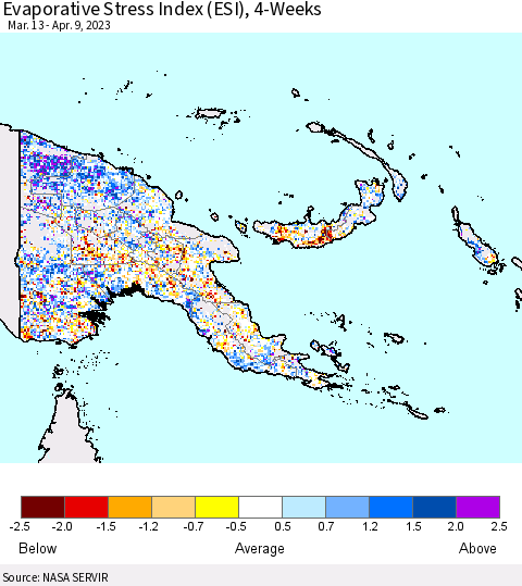 Papua New Guinea Evaporative Stress Index (ESI), 4-Weeks Thematic Map For 4/3/2023 - 4/9/2023