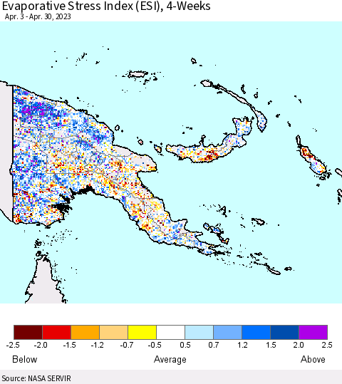 Papua New Guinea Evaporative Stress Index (ESI), 4-Weeks Thematic Map For 4/24/2023 - 4/30/2023