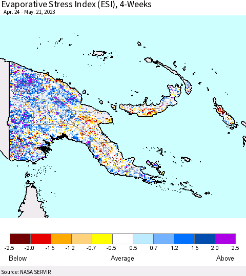 Papua New Guinea Evaporative Stress Index (ESI), 4-Weeks Thematic Map For 5/15/2023 - 5/21/2023