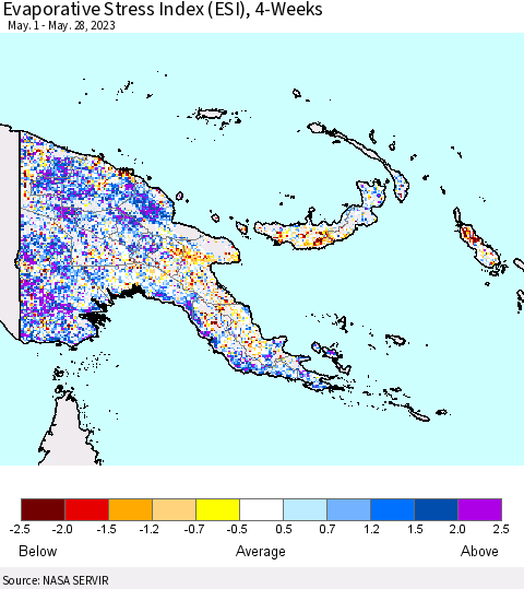 Papua New Guinea Evaporative Stress Index (ESI), 4-Weeks Thematic Map For 5/22/2023 - 5/28/2023
