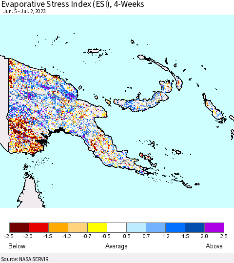 Papua New Guinea Evaporative Stress Index (ESI), 4-Weeks Thematic Map For 6/26/2023 - 7/2/2023