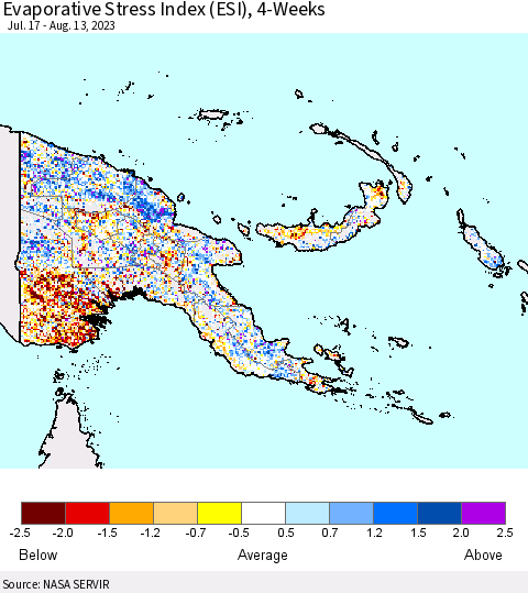 Papua New Guinea Evaporative Stress Index (ESI), 4-Weeks Thematic Map For 8/7/2023 - 8/13/2023