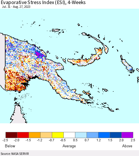 Papua New Guinea Evaporative Stress Index (ESI), 4-Weeks Thematic Map For 8/21/2023 - 8/27/2023
