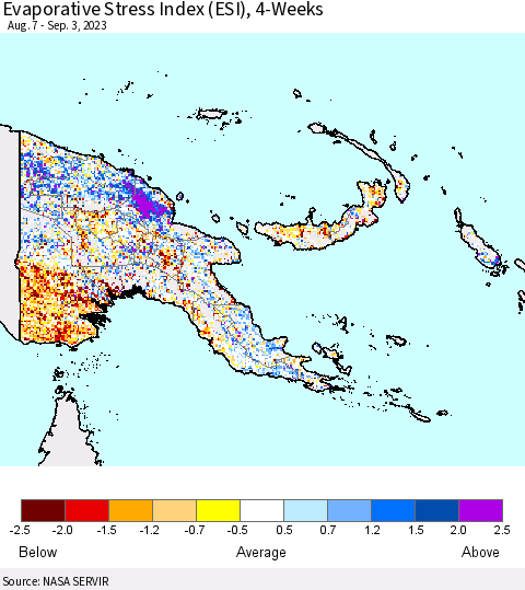 Papua New Guinea Evaporative Stress Index (ESI), 4-Weeks Thematic Map For 8/28/2023 - 9/3/2023