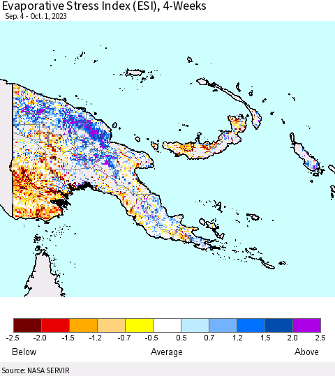 Papua New Guinea Evaporative Stress Index (ESI), 4-Weeks Thematic Map For 9/25/2023 - 10/1/2023