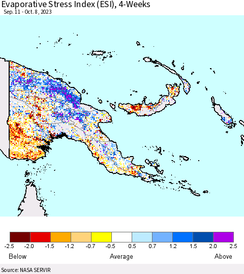 Papua New Guinea Evaporative Stress Index (ESI), 4-Weeks Thematic Map For 10/2/2023 - 10/8/2023