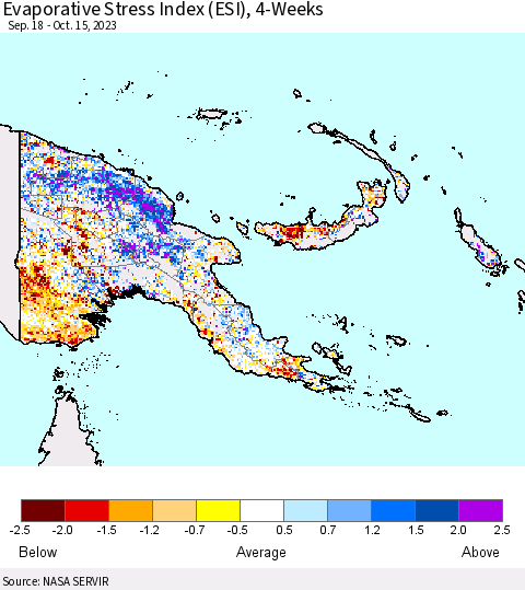 Papua New Guinea Evaporative Stress Index (ESI), 4-Weeks Thematic Map For 10/9/2023 - 10/15/2023