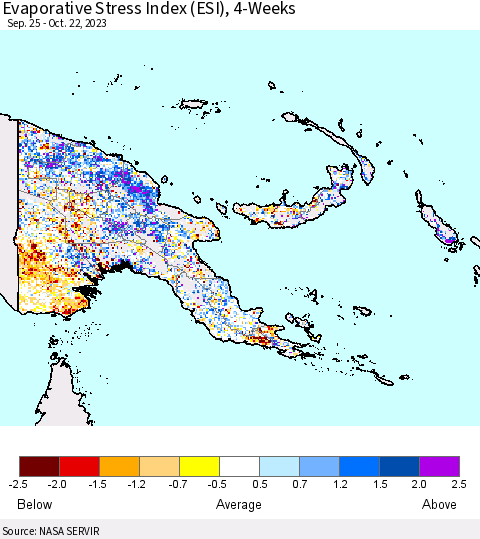 Papua New Guinea Evaporative Stress Index (ESI), 4-Weeks Thematic Map For 10/16/2023 - 10/22/2023