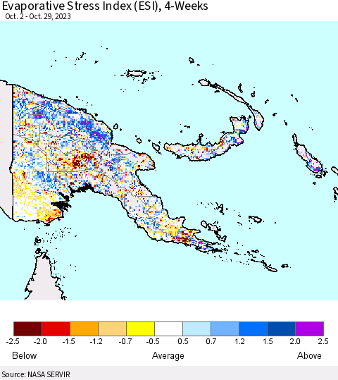 Papua New Guinea Evaporative Stress Index (ESI), 4-Weeks Thematic Map For 10/23/2023 - 10/29/2023