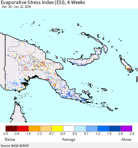 Papua New Guinea Evaporative Stress Index (ESI), 4-Weeks Thematic Map For 1/22/2024 - 1/28/2024