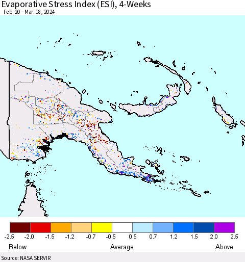Papua New Guinea Evaporative Stress Index (ESI), 4-Weeks Thematic Map For 3/18/2024 - 3/24/2024