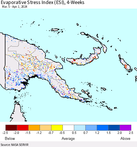 Papua New Guinea Evaporative Stress Index (ESI), 4-Weeks Thematic Map For 4/1/2024 - 4/7/2024