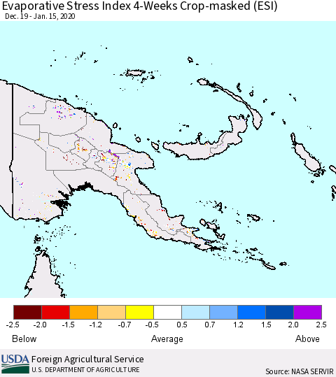 Papua New Guinea Evaporative Stress Index (ESI), 4-Weeks over Croplands Thematic Map For 1/13/2020 - 1/19/2020