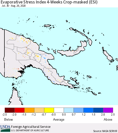 Papua New Guinea Evaporative Stress Index (ESI), 4-Weeks over Croplands Thematic Map For 8/24/2020 - 8/30/2020