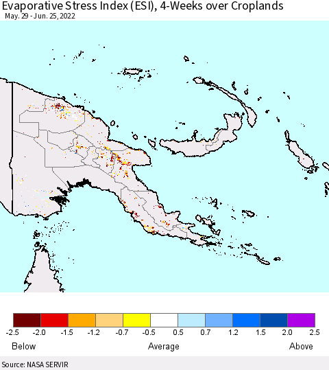Papua New Guinea Evaporative Stress Index (ESI), 4-Weeks over Croplands Thematic Map For 6/20/2022 - 6/26/2022