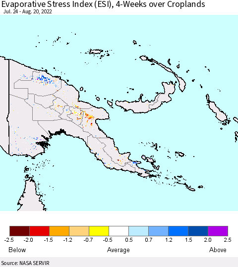 Papua New Guinea Evaporative Stress Index (ESI), 4-Weeks over Croplands Thematic Map For 8/15/2022 - 8/21/2022