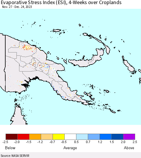 Papua New Guinea Evaporative Stress Index (ESI), 4-Weeks over Croplands Thematic Map For 12/18/2023 - 12/24/2023