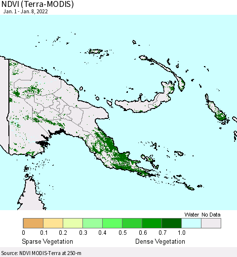 Papua New Guinea NDVI (Terra-MODIS) Thematic Map For 1/1/2022 - 1/8/2022