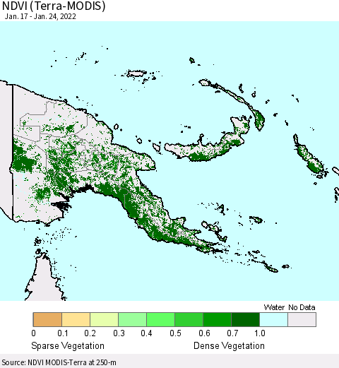 Papua New Guinea NDVI (Terra-MODIS) Thematic Map For 1/17/2022 - 1/24/2022
