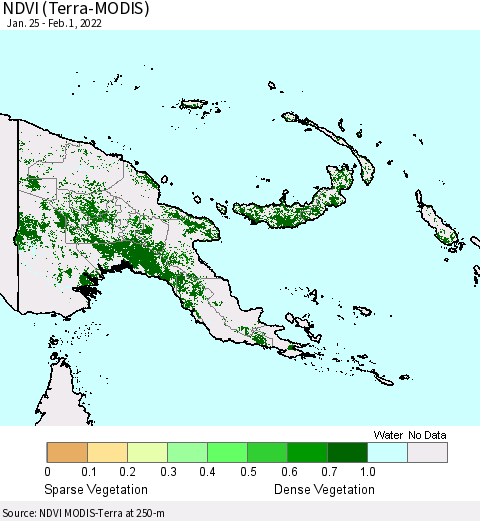 Papua New Guinea NDVI (Terra-MODIS) Thematic Map For 1/25/2022 - 2/1/2022