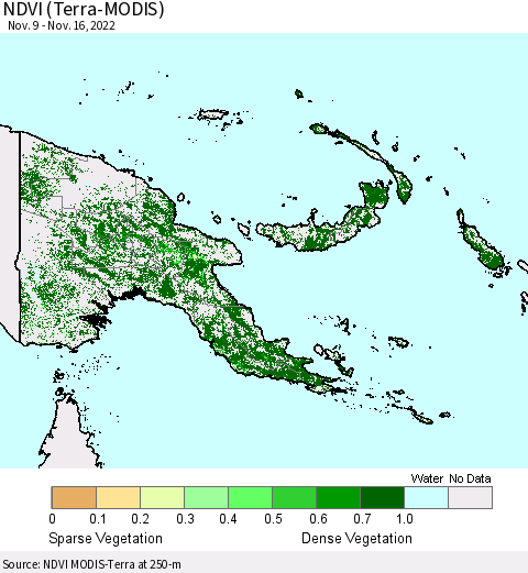 Papua New Guinea NDVI (Terra-MODIS) Thematic Map For 11/9/2022 - 11/16/2022