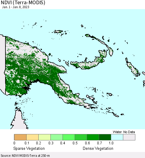 Papua New Guinea NDVI (Terra-MODIS) Thematic Map For 1/1/2023 - 1/8/2023