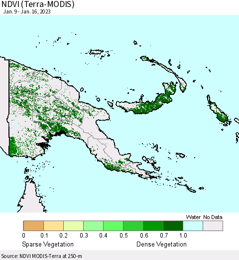 Papua New Guinea NDVI (Terra-MODIS) Thematic Map For 1/9/2023 - 1/16/2023