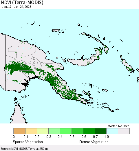 Papua New Guinea NDVI (Terra-MODIS) Thematic Map For 1/17/2023 - 1/24/2023