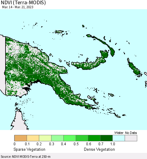 Papua New Guinea NDVI (Terra-MODIS) Thematic Map For 3/14/2023 - 3/21/2023