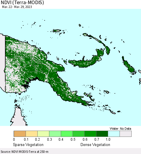 Papua New Guinea NDVI (Terra-MODIS) Thematic Map For 3/22/2023 - 3/29/2023