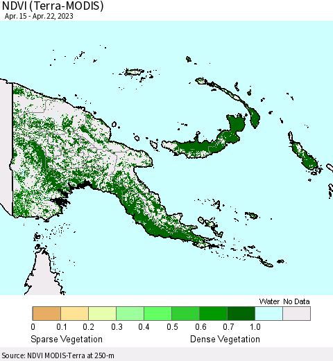 Papua New Guinea NDVI (Terra-MODIS) Thematic Map For 4/15/2023 - 4/22/2023