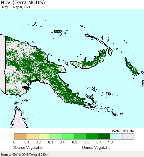 Papua New Guinea NDVI (Terra-MODIS) Thematic Map For 5/1/2023 - 5/8/2023