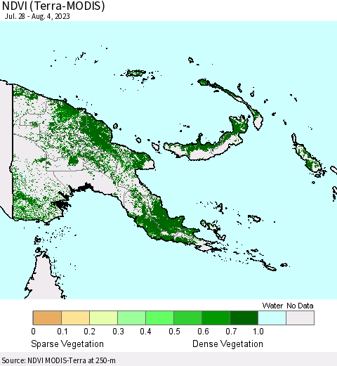Papua New Guinea NDVI (Terra-MODIS) Thematic Map For 7/28/2023 - 8/4/2023