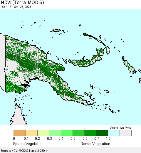 Papua New Guinea NDVI (Terra-MODIS) Thematic Map For 10/16/2023 - 10/23/2023