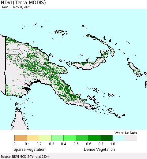 Papua New Guinea NDVI (Terra-MODIS) Thematic Map For 11/1/2023 - 11/8/2023