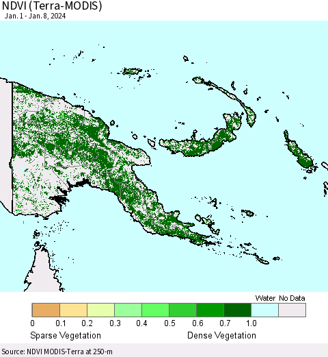 Papua New Guinea NDVI (Terra-MODIS) Thematic Map For 1/1/2024 - 1/8/2024