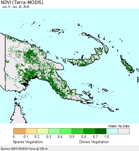 Papua New Guinea NDVI (Terra-MODIS) Thematic Map For 1/9/2024 - 1/16/2024