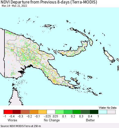 Papua New Guinea NDVI Departure from Previous 8-days (Terra-MODIS) Thematic Map For 3/14/2022 - 3/21/2022