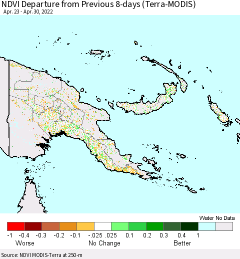Papua New Guinea NDVI Departure from Previous 8-days (Terra-MODIS) Thematic Map For 4/23/2022 - 4/30/2022