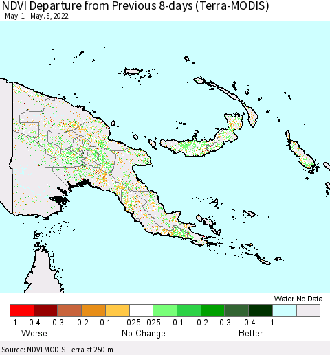 Papua New Guinea NDVI Departure from Previous 8-days (Terra-MODIS) Thematic Map For 5/1/2022 - 5/8/2022
