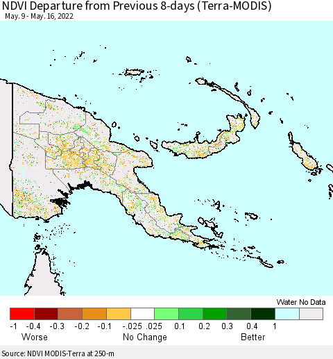 Papua New Guinea NDVI Departure from Previous 8-days (Terra-MODIS) Thematic Map For 5/9/2022 - 5/16/2022