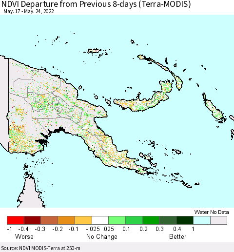 Papua New Guinea NDVI Departure from Previous 8-days (Terra-MODIS) Thematic Map For 5/17/2022 - 5/24/2022