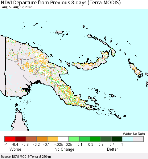 Papua New Guinea NDVI Departure from Previous 8-days (Terra-MODIS) Thematic Map For 8/5/2022 - 8/12/2022