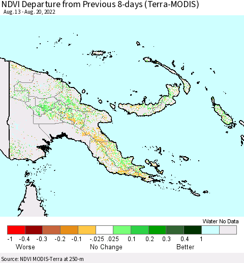 Papua New Guinea NDVI Departure from Previous 8-days (Terra-MODIS) Thematic Map For 8/13/2022 - 8/20/2022
