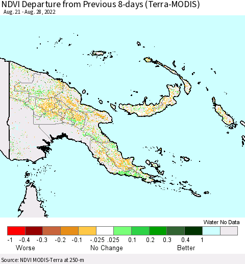 Papua New Guinea NDVI Departure from Previous 8-days (Terra-MODIS) Thematic Map For 8/21/2022 - 8/28/2022