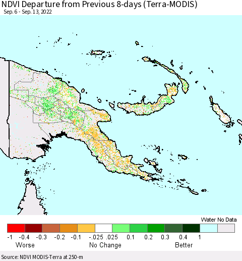 Papua New Guinea NDVI Departure from Previous 8-days (Terra-MODIS) Thematic Map For 9/6/2022 - 9/13/2022
