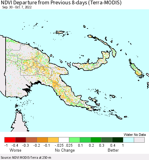Papua New Guinea NDVI Departure from Previous 8-days (Terra-MODIS) Thematic Map For 9/30/2022 - 10/7/2022