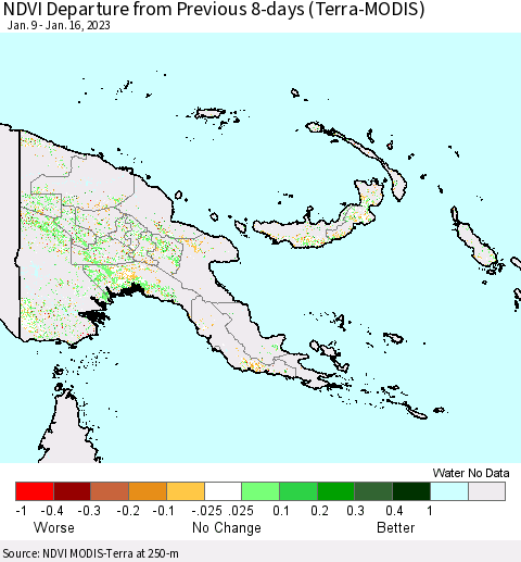 Papua New Guinea NDVI Departure from Previous 8-days (Terra-MODIS) Thematic Map For 1/9/2023 - 1/16/2023